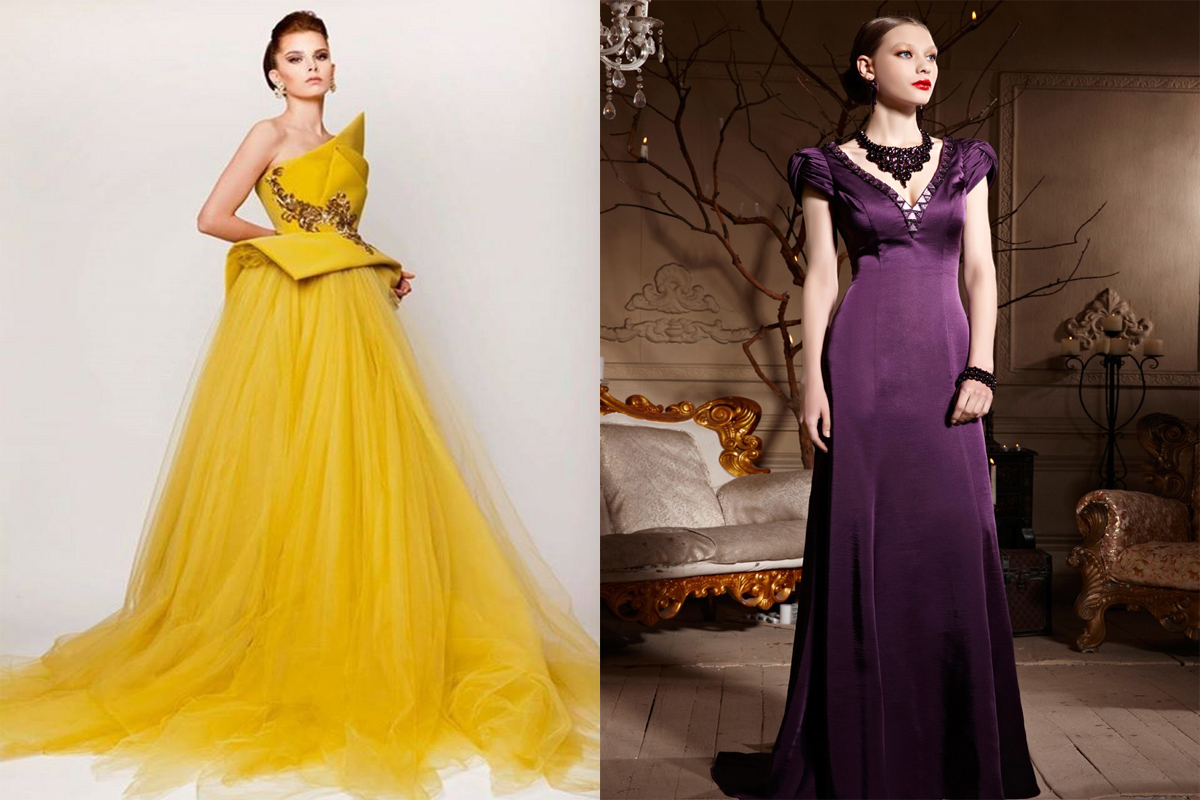 Нарядные платья желтого и фиолетового цветов.